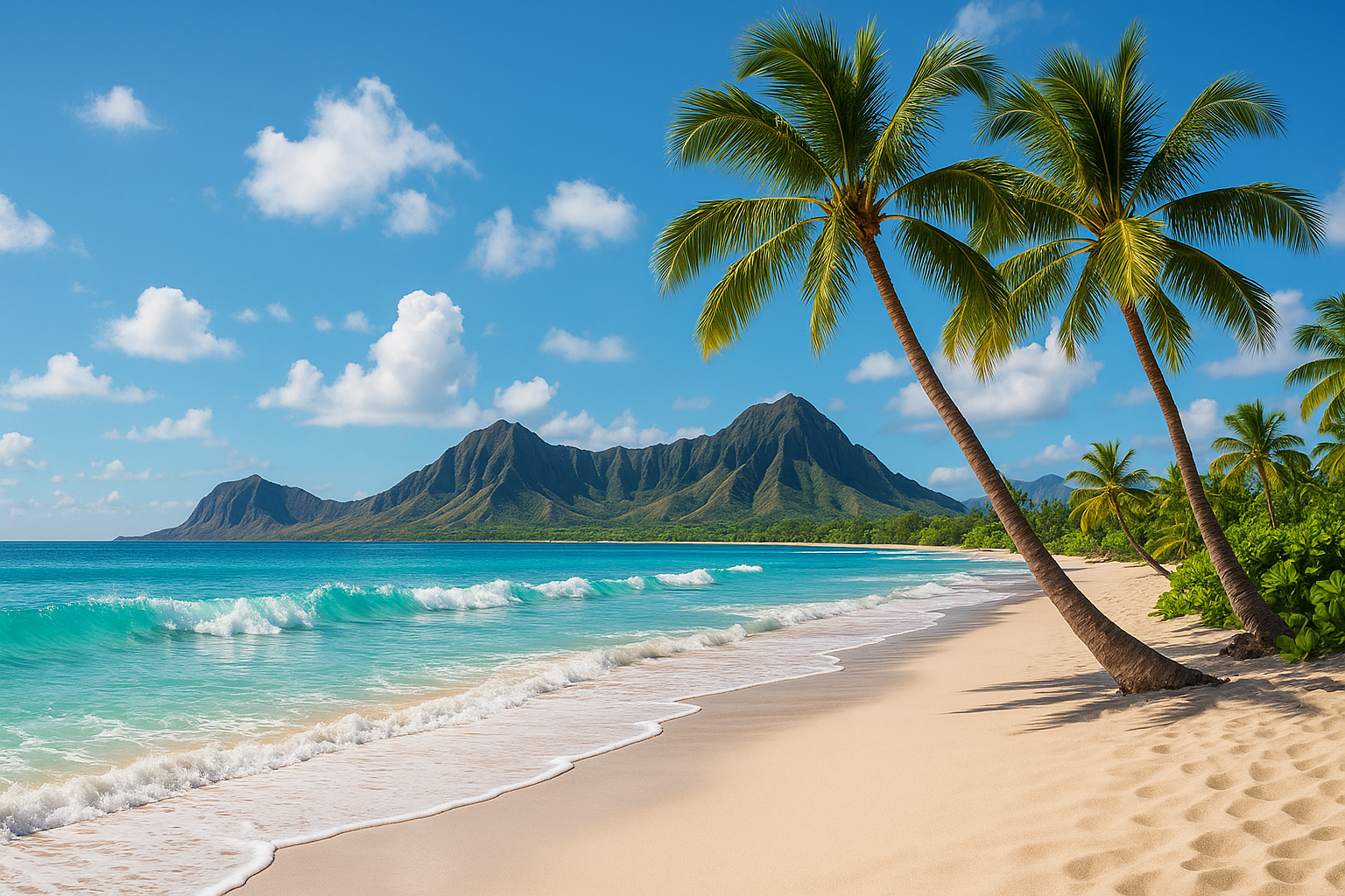 hawaii beach background with waves palm trees and mountain